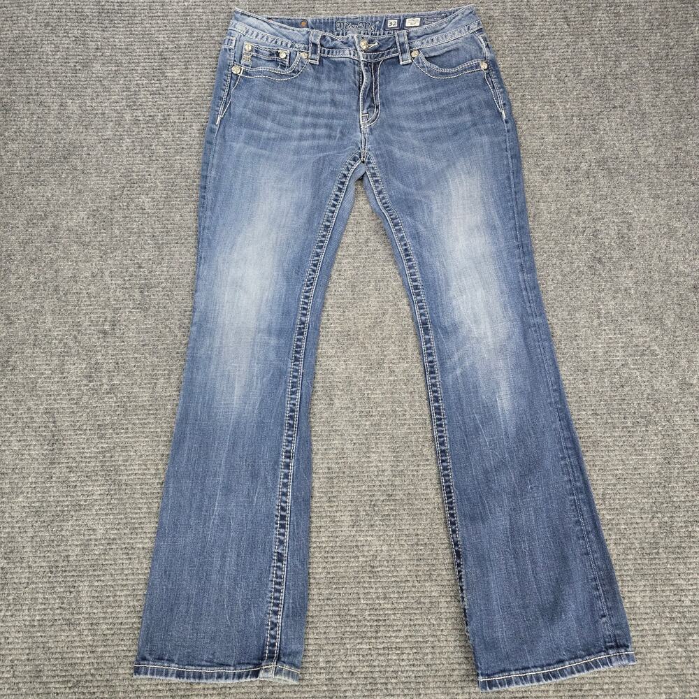 Miss Me Signature Boot Jeans Womens 32x33 Blue Rhinestone Embellished Distressed